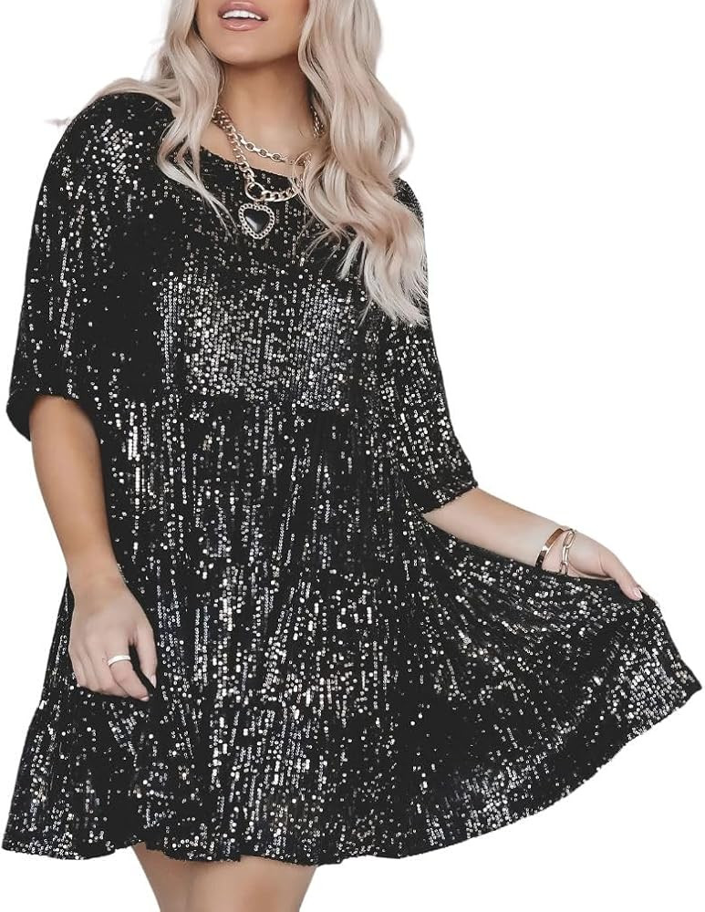 Naileksi Women Glitter Sparkle Sequins Babydoll Dress Short Sleeve Round Neck Ruffle Hem Loose Ti... | Amazon (US)