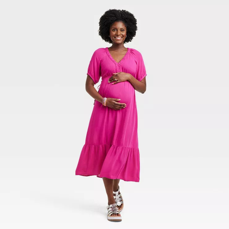 Elbow Sleeve Cinch Waist Woven Maternity Dress - Isabel Maternity by Ingrid & Isabel™ Rose Red | Target
