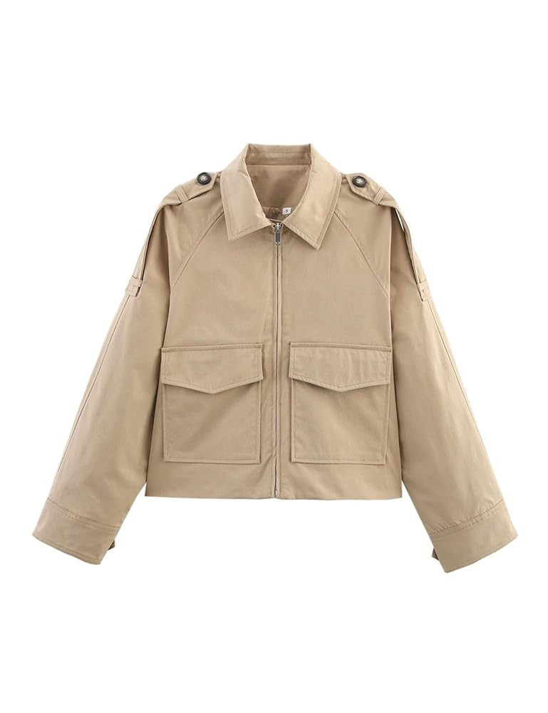 Wanzetaly Women's Cropped Trench Coat Casual Zip Up Jacket Work Jackets with Pockets Outerwear | Amazon (US)