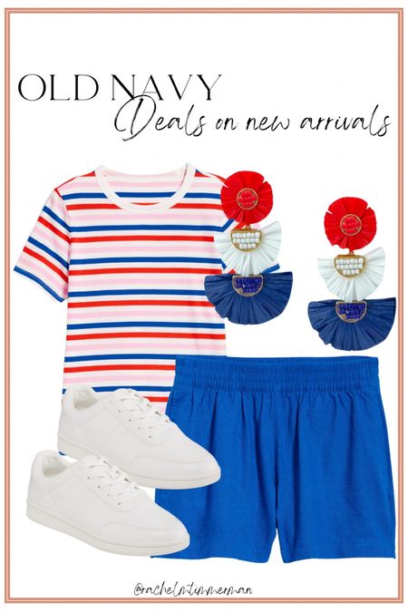 A little patriotic style with these cute new finds on old navy. Top, short and sneakers are all on sale! Love these Amazon earrings too. 

Old navy. LTK under 50. Memorial Day. July 4th. Summer style. 