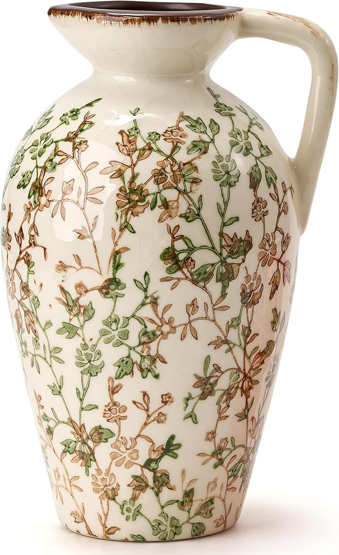 Green and Beige Antique Vase, 8.9 Inch Vintage Chinoiserie Floral Vase, Rustic Ceramic Vase for H... | Amazon (US)