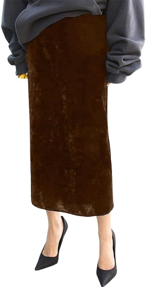 Ylingjun Women's High Waisted Long Velvet Skirt Pencil Skirt with Slit | Amazon (US)