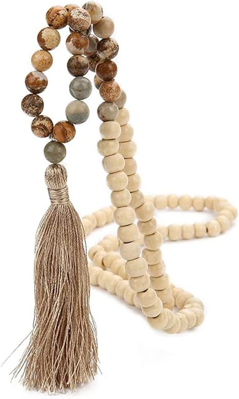 OAIITE 8MM Semi-Precious Gem Stones Wood Mala Bead Necklace Multicolor Tassel Charms Chain Neckla... | Amazon (US)