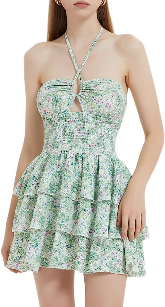 Mebius Womens Floral Mini Dress Preppy Smocked Short Floral Dress Short Wedding Guest Dress Short | Amazon (US)