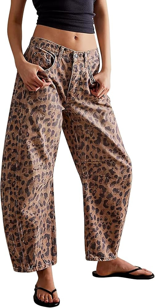 Kedera Women's Baggy Wide Leg Jeans Barrel Horseshoe Boyfriend Cropped Leopard Printed Denim Pant... | Amazon (US)