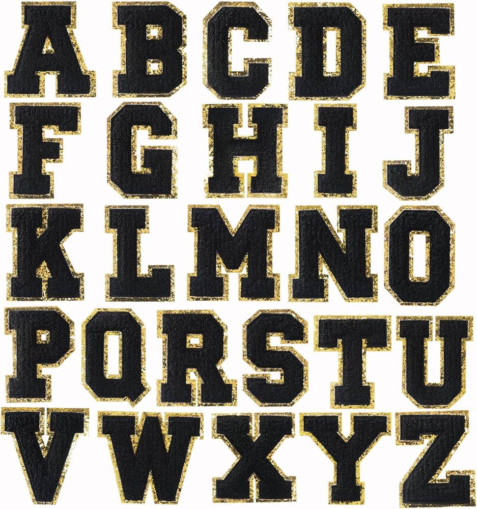 26 Pieces Black Chenille Letter Patches, Embroidered Letters, Glitter Patches, Varsity Iron on Go... | Amazon (US)