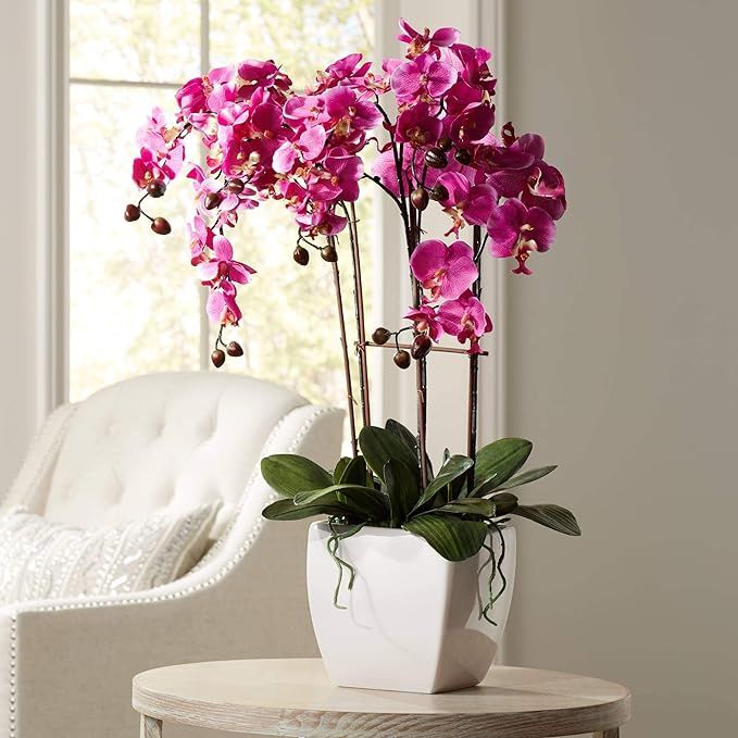 Potted Silk Faux Artificial Flowers Arrangements Realistic Purple Fuchsia Orchid in White Ceramic... | Amazon (US)