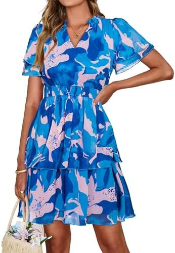 Simplee Womens Floral Summer Mini Dress 2026 Chiffon V Neck Short Sleeve Empire Waist Ruffle Tier... | Amazon (US)