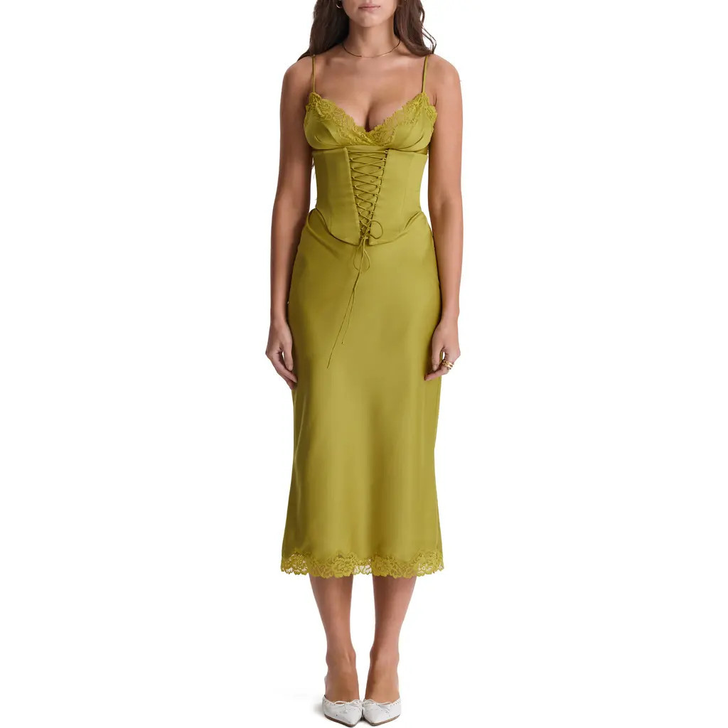 HOUSE OF CB Salma Corset Satin Slipdress in Canary Green at Nordstrom, Size Large D | Nordstrom