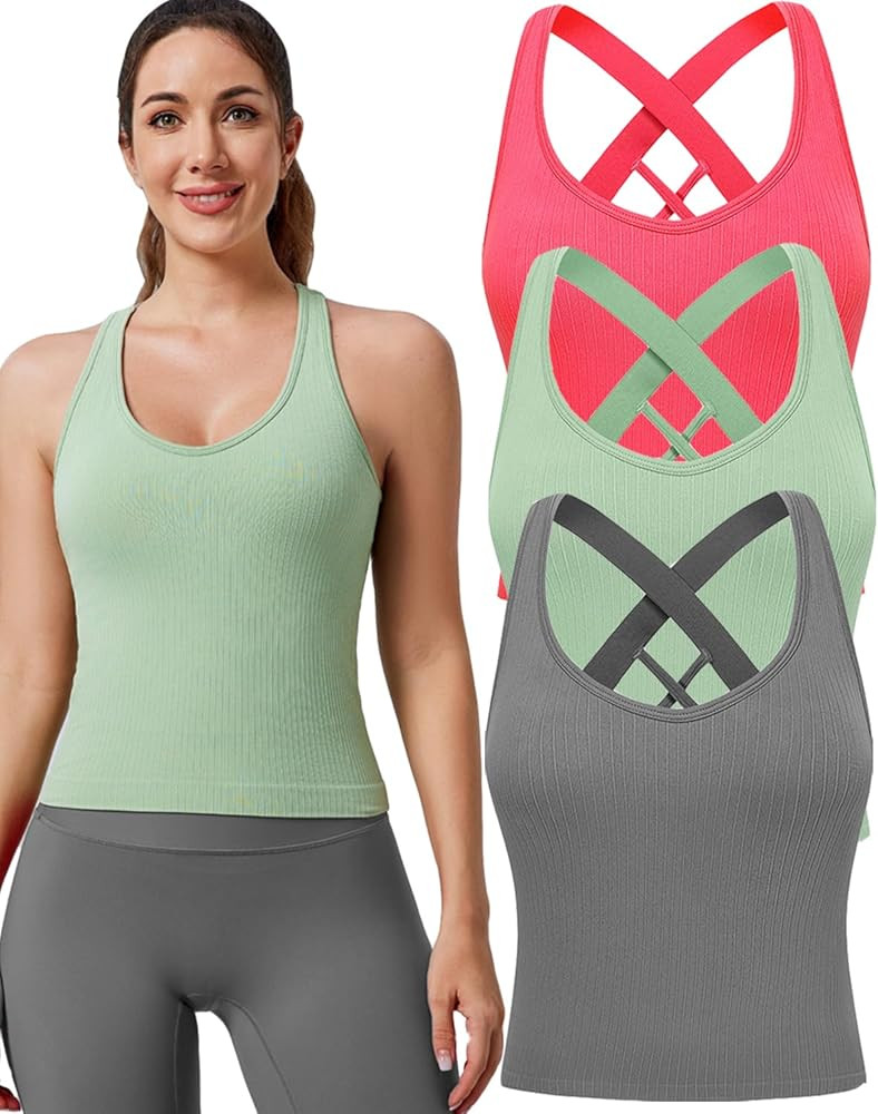 Evercute Workout Yoga Crop Tank Tops for Women 1/2/3 Pack Criss Cross Strappy Tops with Built in ... | Amazon (US)