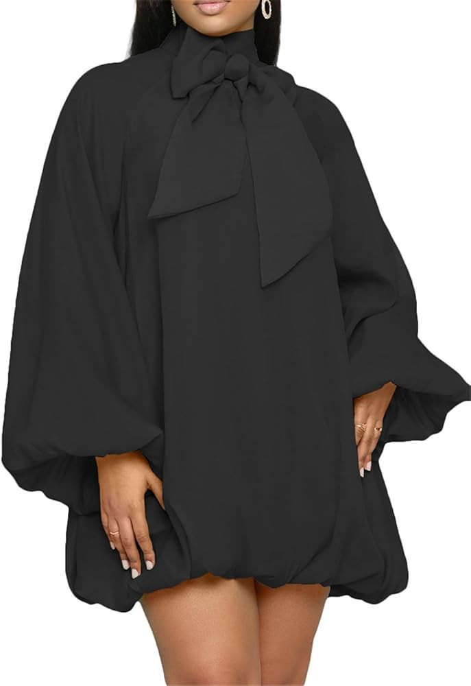 Womens Sexy Long Lantern Sleeve Turtleneck Bowknot Chiffon Bodycon Party Clubwear Dress | Amazon (US)