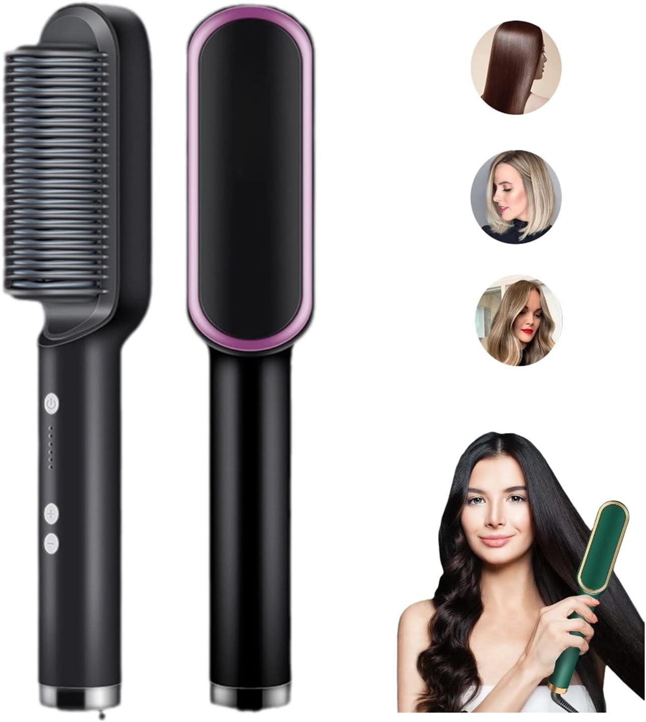 2023 Negative Ion Hair Straightener Styling Comb with 5 Temp, 2 in 1 Brush and Curler, Portable Electric Straightening Heated 10s Fast Heating Anti-Scald (Black) | Amazon (US)