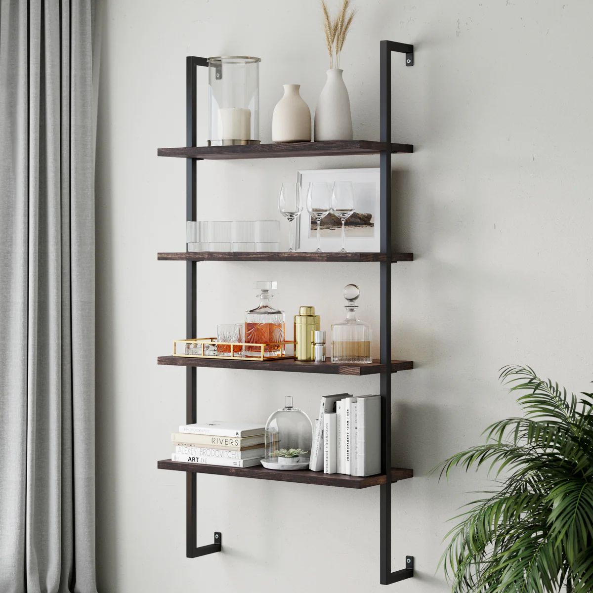 Theo 4-Shelf Bookcase Floating Wall Mount Natural Wood Industrial Pipe Metal Frame, Nutmeg/Black ... | Nathan James