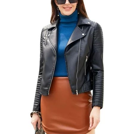 Glookwis Women Cardigan Jacket Casual Biker Jackets Solid Color Short Motorcycle Coat Faux Leather L | Walmart (US)