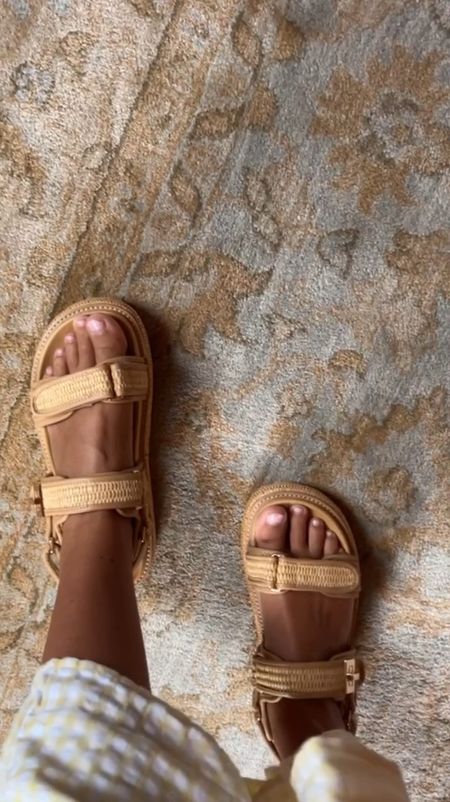 Look for less chunky raffia strappy footbed sandals- half the price of other brands and ships quick! True to size! Goes with anything for summer!

Amazon find 
Amazon summer finds raffia woven strappy sandals platform sandals mom outfits affordable style affordable shoes 

#LTKFindsUnder100 #LTKShoeCrush