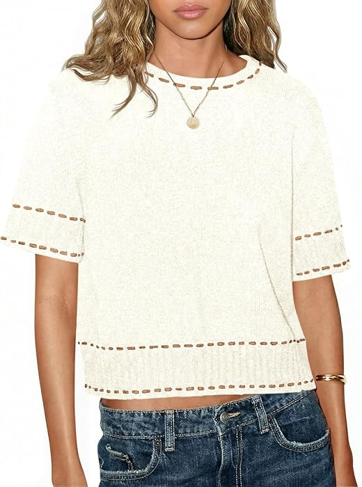 Saodimallsu Womens Short Sleeve Sweater Summer Cropped Sweaters Casual Crew Neck Pullover Lightwe... | Amazon (US)