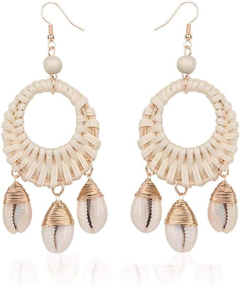 Rattan Earrings For Women Woven Handmade Straw Oval Or Circle Shell Drop Dangle Earrings Bohemian... | Amazon (US)