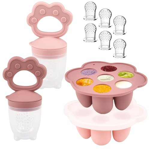 Ginbear Silicone Baby Fruit Food Feeder & Freezer Tray (Set of 2), Infant Teething Feeder Pacifiers with Popsicle Molds Combo 4 Months+ (Mauve/Baby Pink) | Amazon (US)