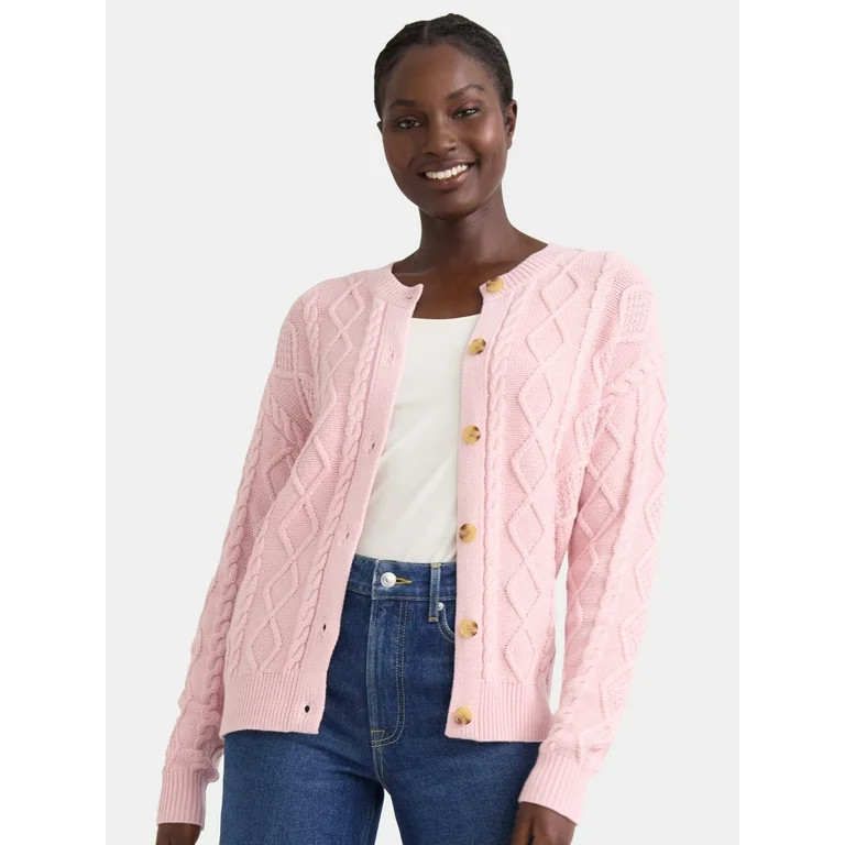 Time and Tru Women's Cable Knit Cardigan Sweater, Midweight, Sizes XS-XXXL | Walmart (US)