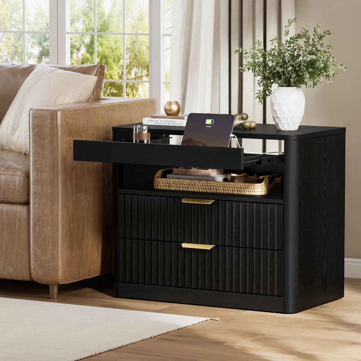 27" Nightstand with Charging Station, 2 Drawers & Open Storage, Bedside Table with Pull-Out Tray,... | Wayfair North America