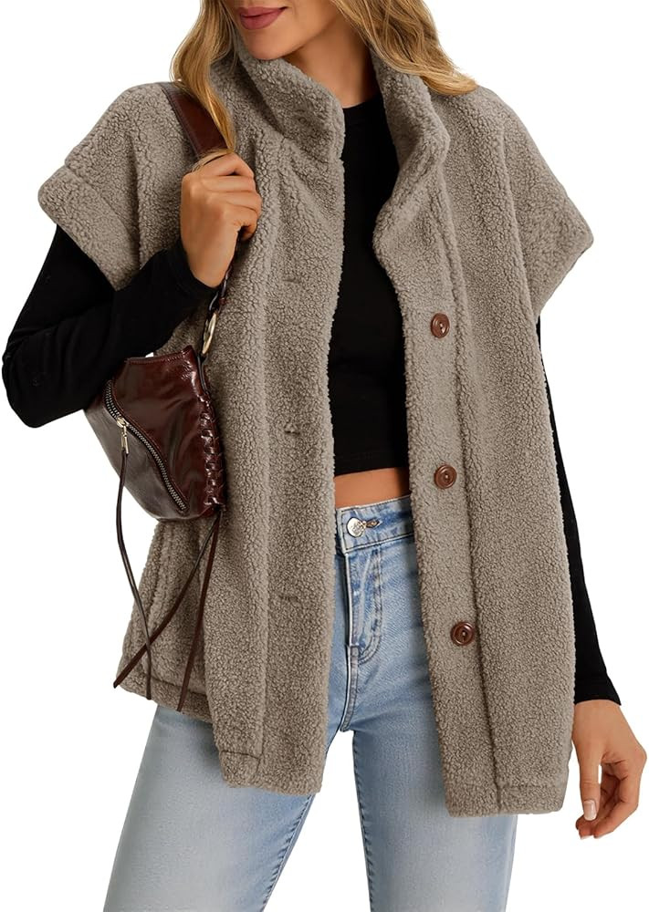 Tanakneo Womens Oversized Fleece Vest Sleeveless Fuzzy Sherpa Jacket Trendy Casual Button Down Wa... | Amazon (US)