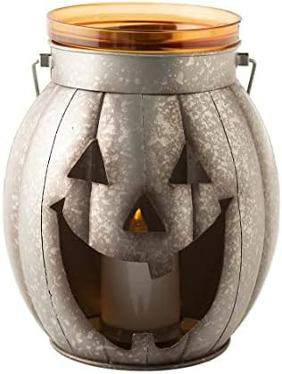 Plow & Hearth Halloween Pumpkin Metal Lantern with Flickering LED Candle, Galvanized Metal with C... | Amazon (US)