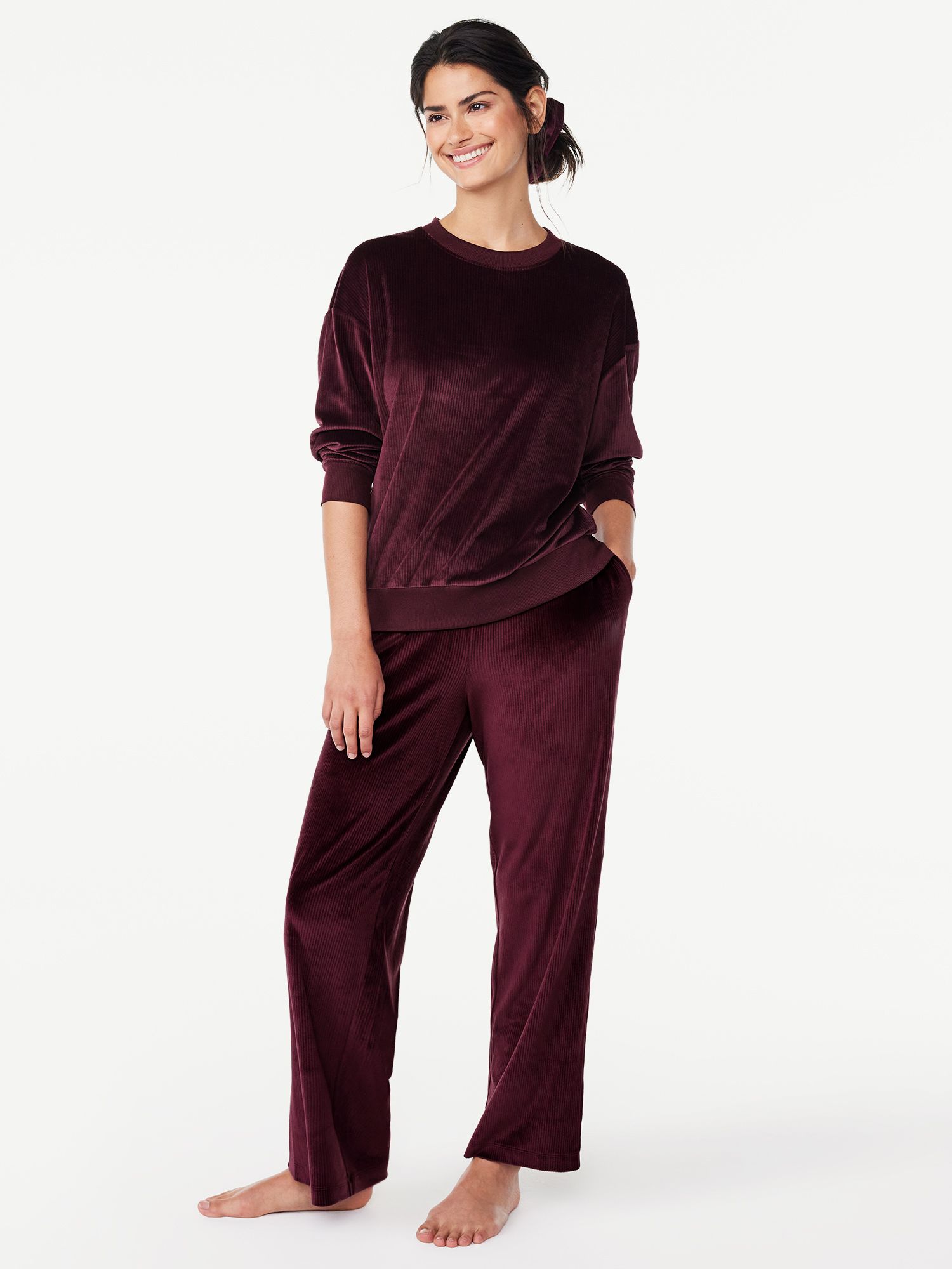 Joyspun Women's Ribbed Velour Top and Pants Pajama Set with Oversized Scrunchie, 3-Piece, Sizes S... | Walmart (US)