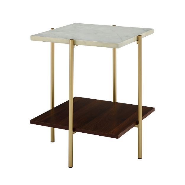 20" Dual Shelf Glam Square Side Cocktail Table Faux White Marble/Dark Walnut - Saracina Home | Target