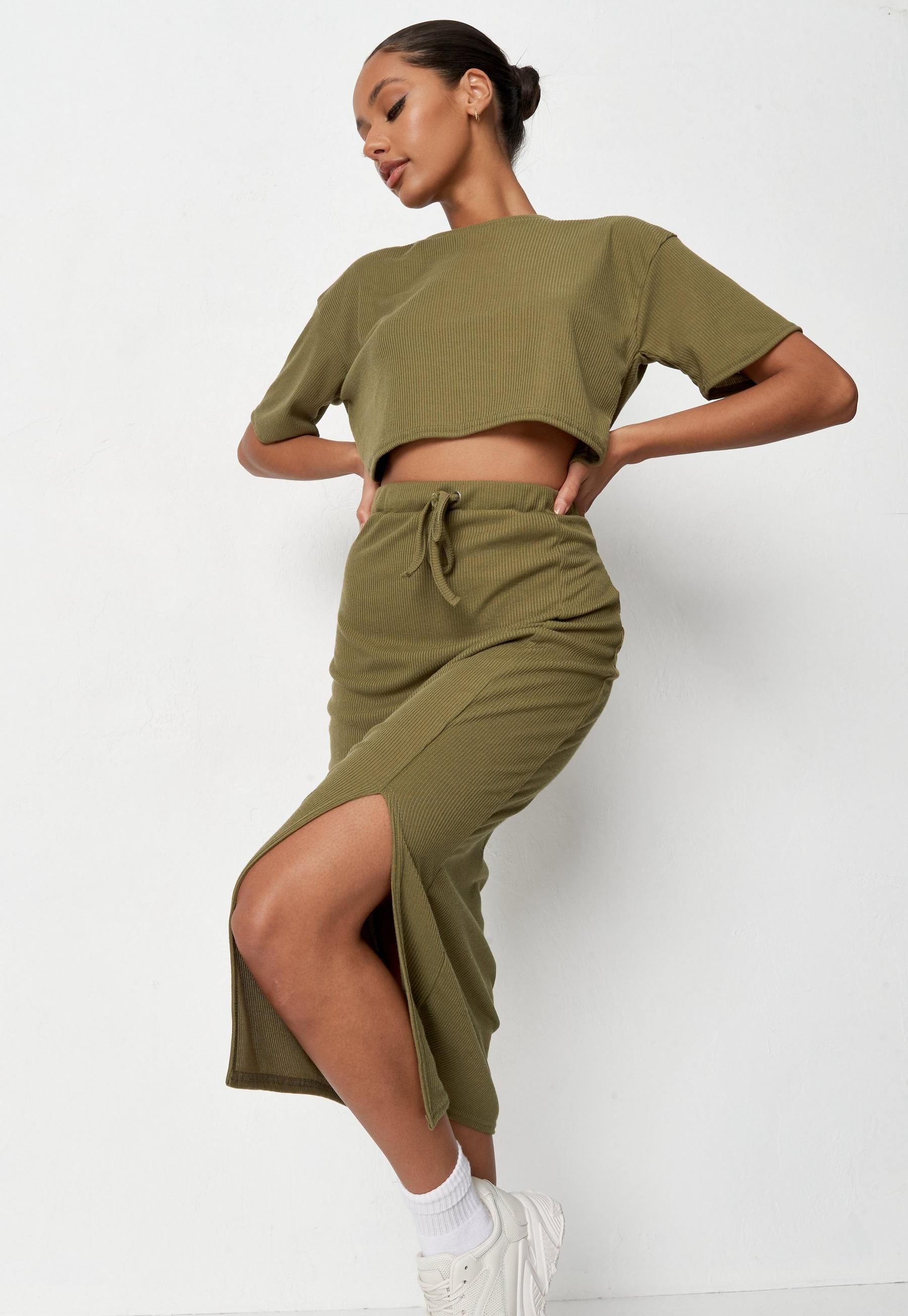 Khaki Rib Crop Top and Midi Skirt Co Ord Set | Missguided (US & CA)