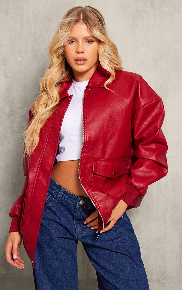 Cherry Red Textured Faux Leather Pocket Front Bomber Jacket | PrettyLittleThing UK