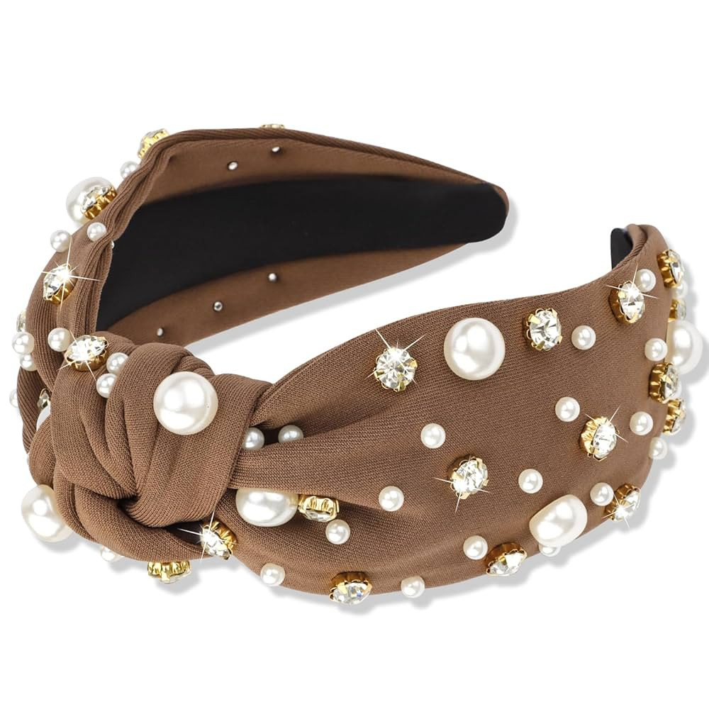 Pearl Headband Brown Knotted Rhinestone Headbands Wide Top Knot Headbands Beaded Headband Jeweled... | Amazon (US)