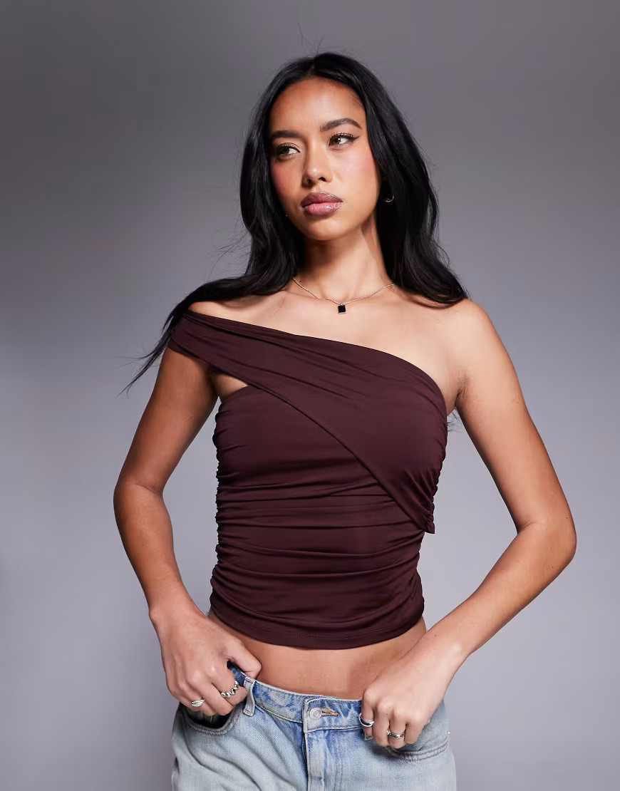 ASOS DESIGN ruched one shoulder top in brown | ASOS (Global)