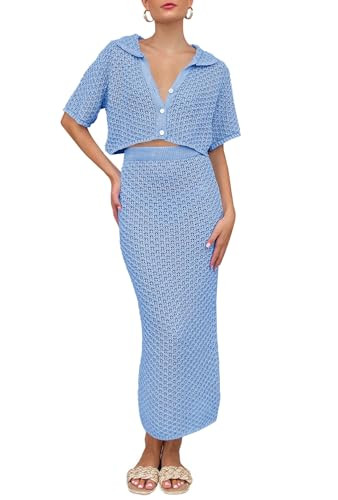 Saodimallsu Women Crochet Beach Cover Up Set Knit Crop Button Short Sleeve Collar Top Bodycon Lon... | Amazon (US)