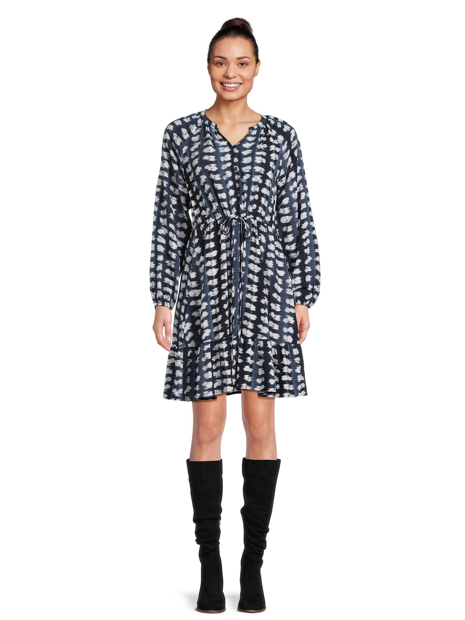 Time and Tru Women's Drawstring Mini Dress with Long Sleeves, Sizes S-XXXL - Walmart.com | Walmart (US)
