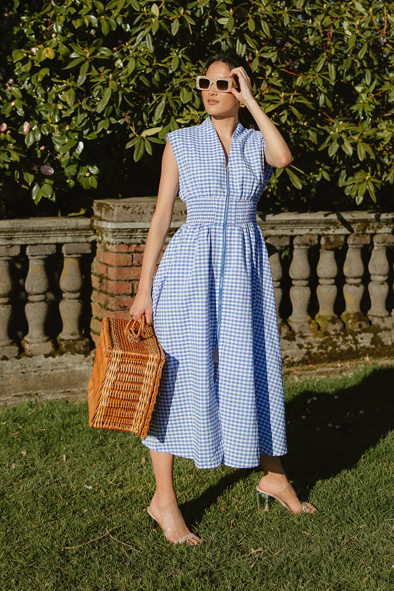 Lille Blue and White Gingham Midi Dress | Confête