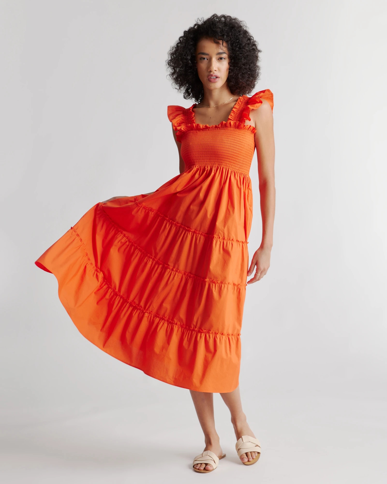 100% Organic Cotton Smocked Midi Dress in Vermilion Red | Quince