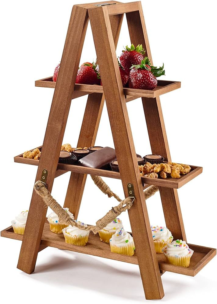 3-Tiered Serving Tray - Wood Tier Serving Ladder Stand Grazing Board Platter - Wooden Rectangle F... | Amazon (US)