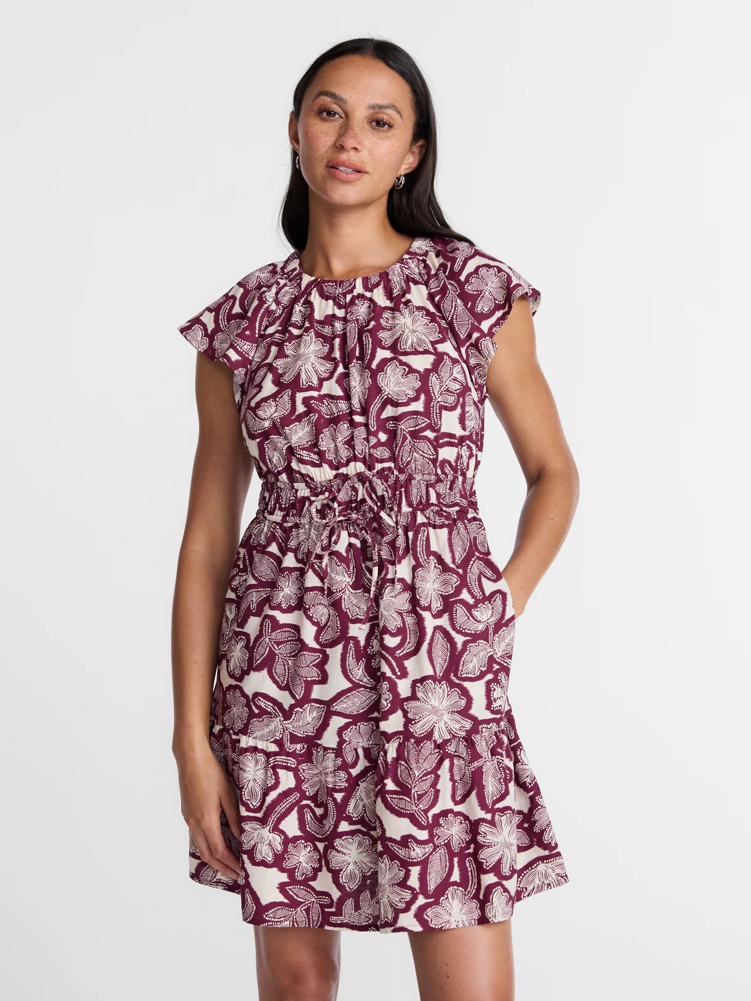 Time and Tru Women's Cinched Waist Mini Dress with Flutter Sleeves, Sizes XS-XXXL | Walmart (US)