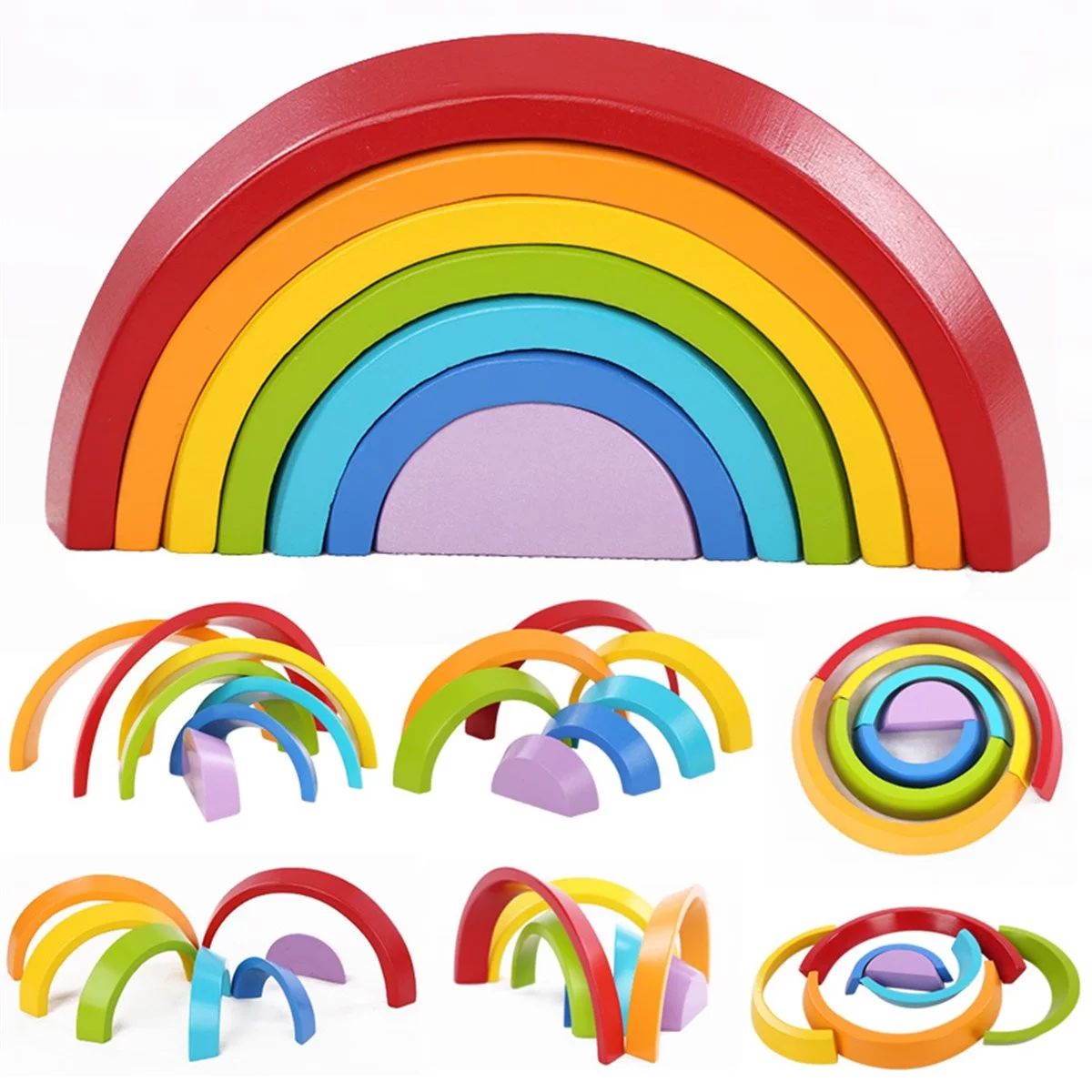 7 Color Wooden Stacking Rainbow Shape Brick Kids Childrens Educational Toy Set | Walmart (US)