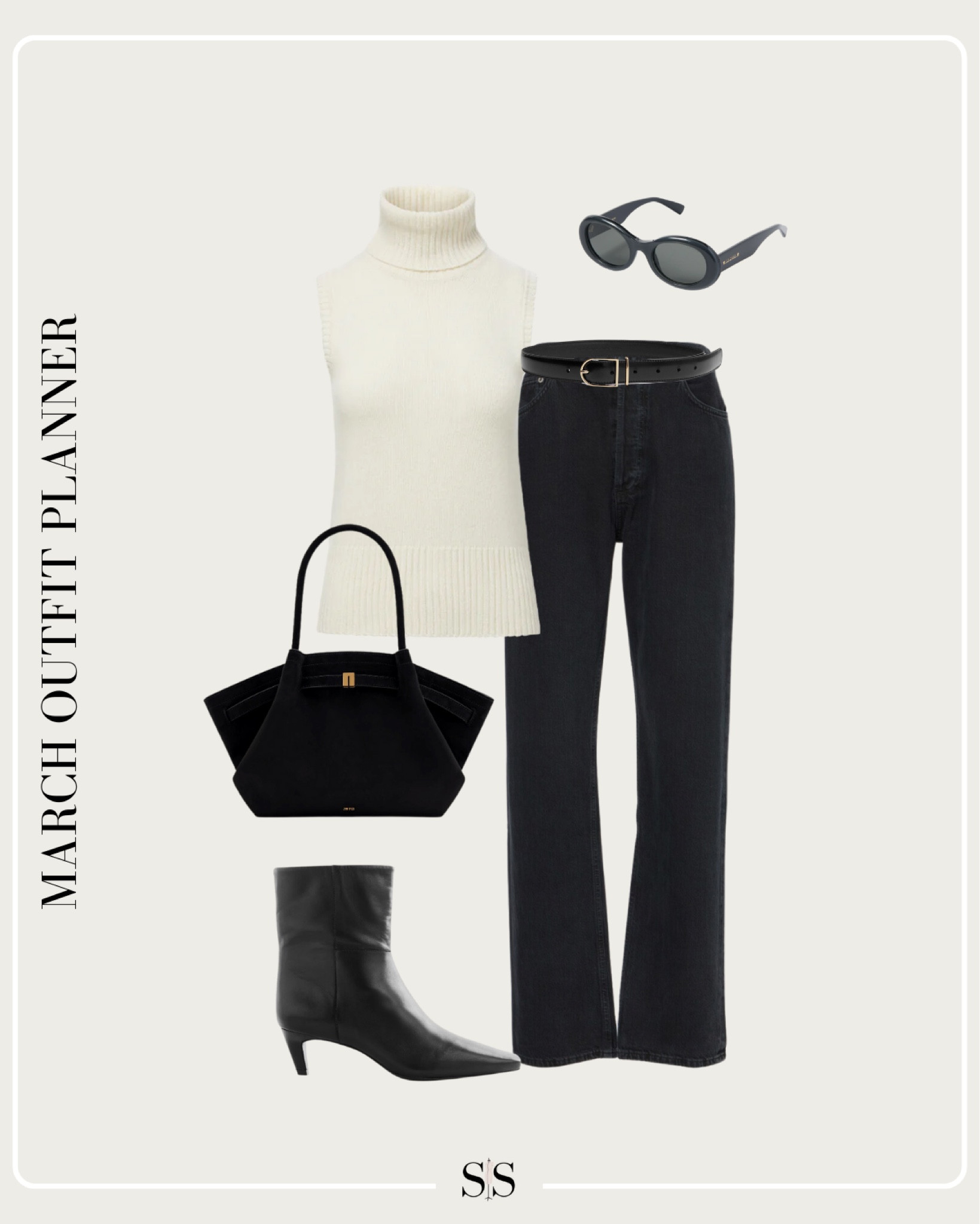Monthly outfit planner MARCH: Winter to Spring transitional looks | sweater tank, high rise straight black jeans, ankle boot, black tote

#datenightoutfit #casualchic 
