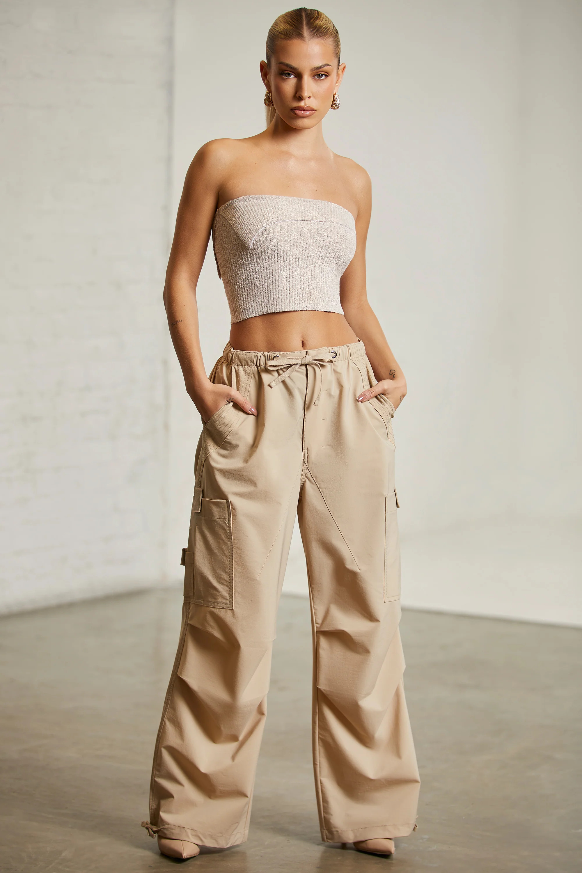 Tall Wide Leg Cargo Trousers in Beige | Oh Polly