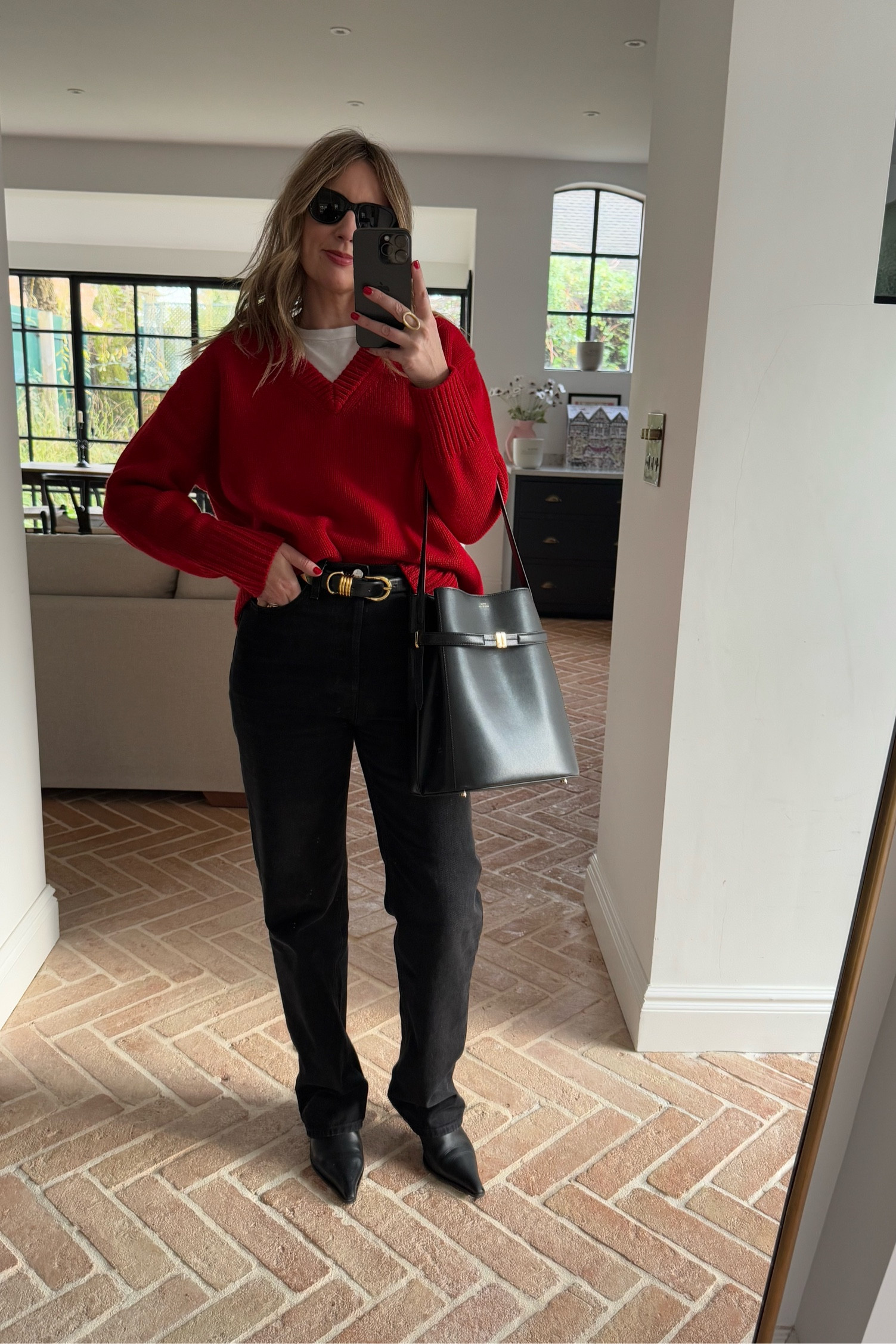 V Neck Red Knit + Black Jeans + Boots | Christmas lunch outfit idea | Toteme Bag | Red V-Neck | Toteme Jeans | Low Heeled Boots 

#LTKwinter #LTKgrwm #LTKstyletip