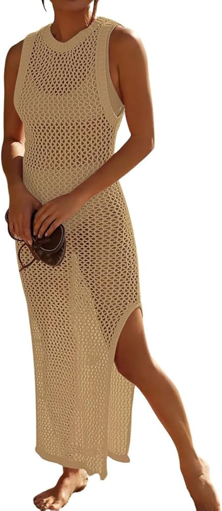 Bsubseach Crochet Swim Coverup Sleeveless Knitted Cover Up Dress | Amazon (US)