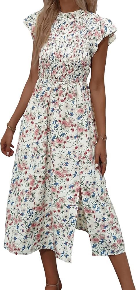 Milumia Women's Ditsy Floral Tie Neck Ruffle Hem Smocked Cap Sleeve Flowy Midi Dress | Amazon (US)