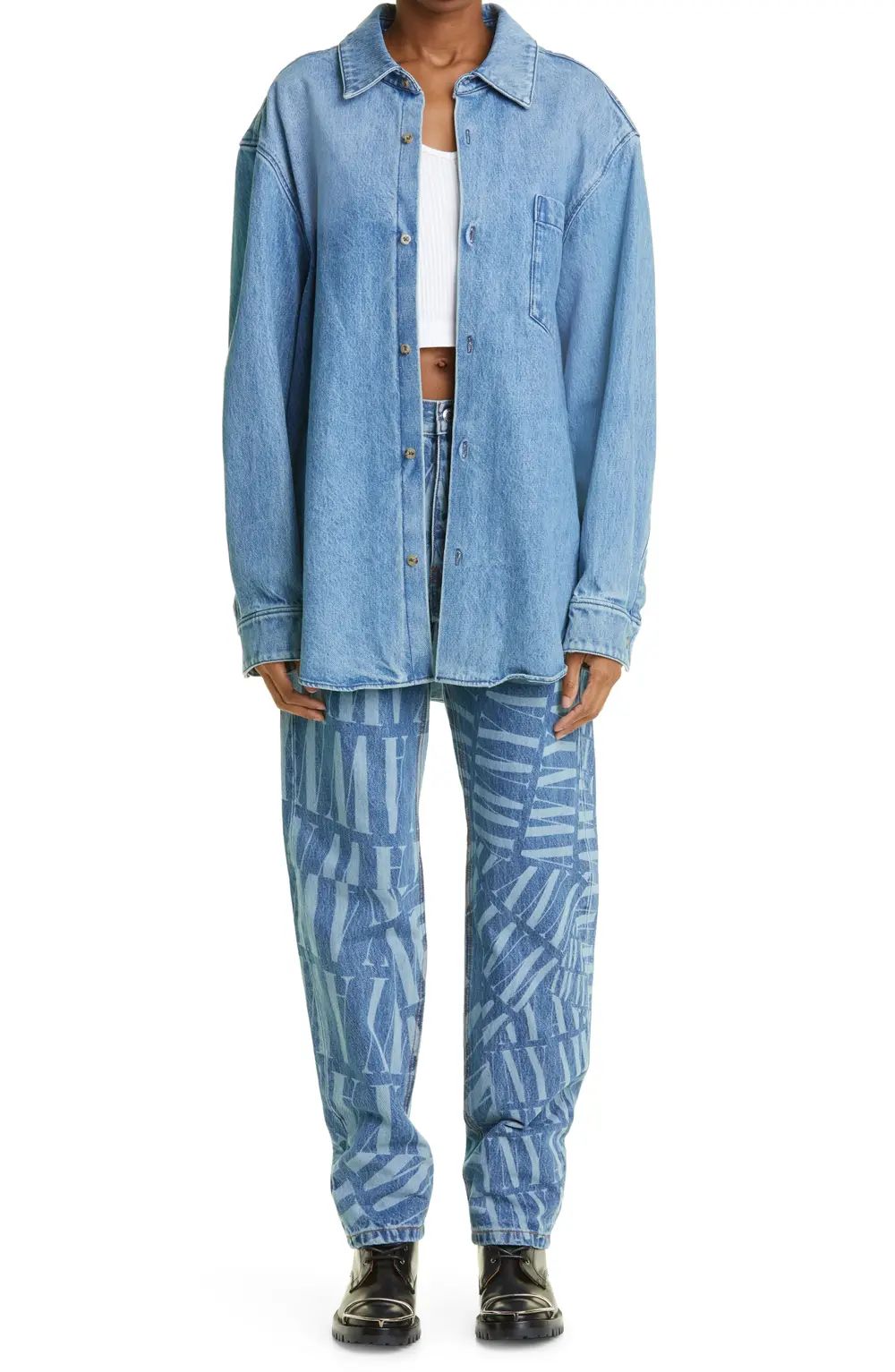 Alexander Wang Gender Inclusive Denim Shirt Jacket, Size Large in Medium Marbled Indigo at Nordstrom | Nordstrom Canada