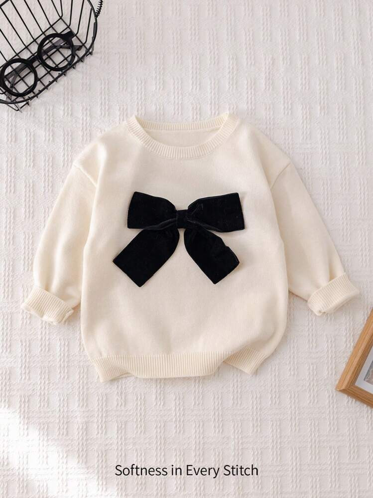 Cozy Pixies Baby Girl Colorblock Bow Decor Round Neck Dolman Sweater, Casual & Versatile For Autu... | SHEIN