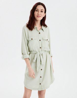 AE Long Sleeve Button Front Shirt Dress | American Eagle Outfitters (US & CA)