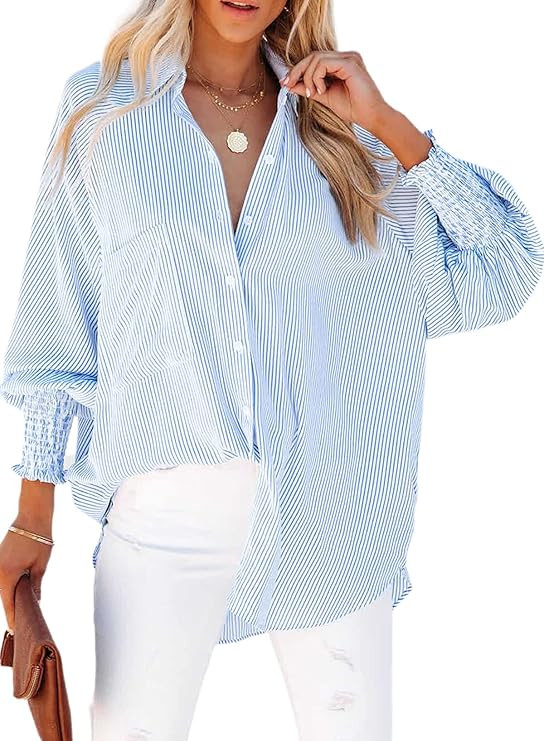 Women's Smocked Cuffed Striped Boyfriend Shirt with Pocket Casual Collar Long Sleeve Blouse Tops ... | Amazon (US)