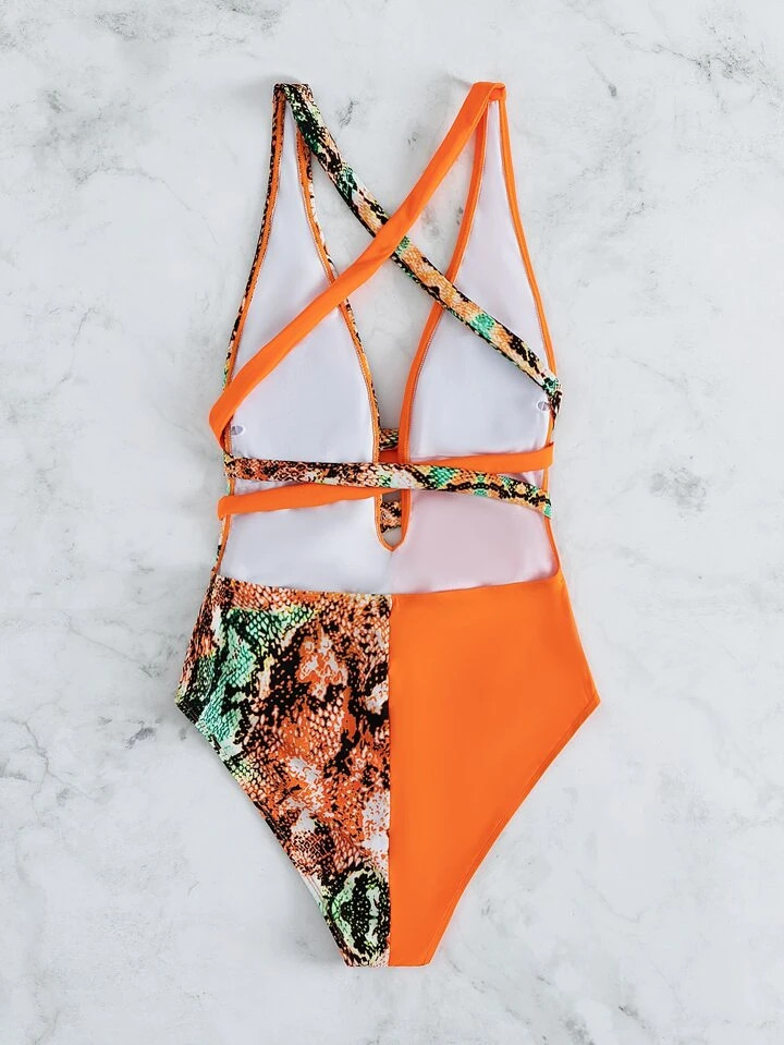 SHEIN Swim Vcay Snakeskin Knot Front Plunging One Piece Swimsuit | SHEIN