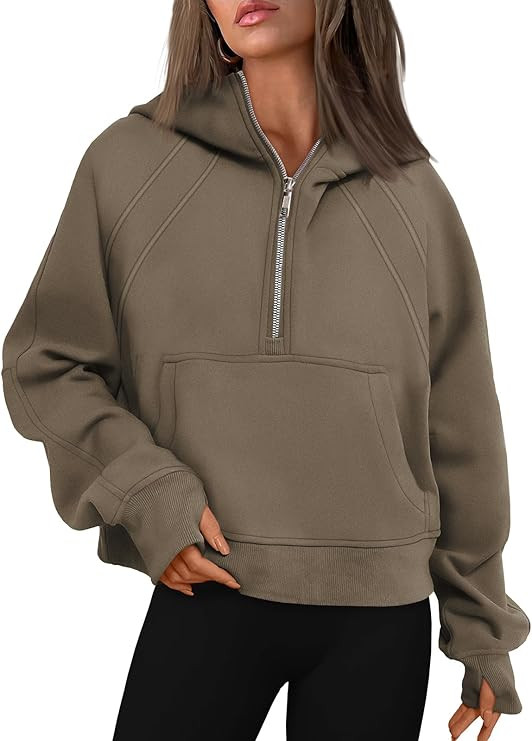 WYNNQUE Womens Quarter Zip Pullover Cropped Hoodies Long Sleeve Fleece Half Zip Sweatshirts Fall ... | Amazon (US)